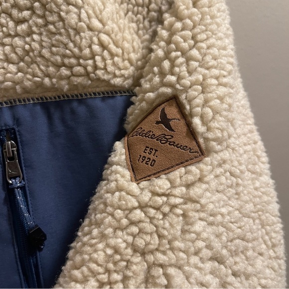 Eddie Bauer Rangefinder Sherpa Fleece Full Zip Up Coat Tan/ Navy size Medium - Picture 5 of 13